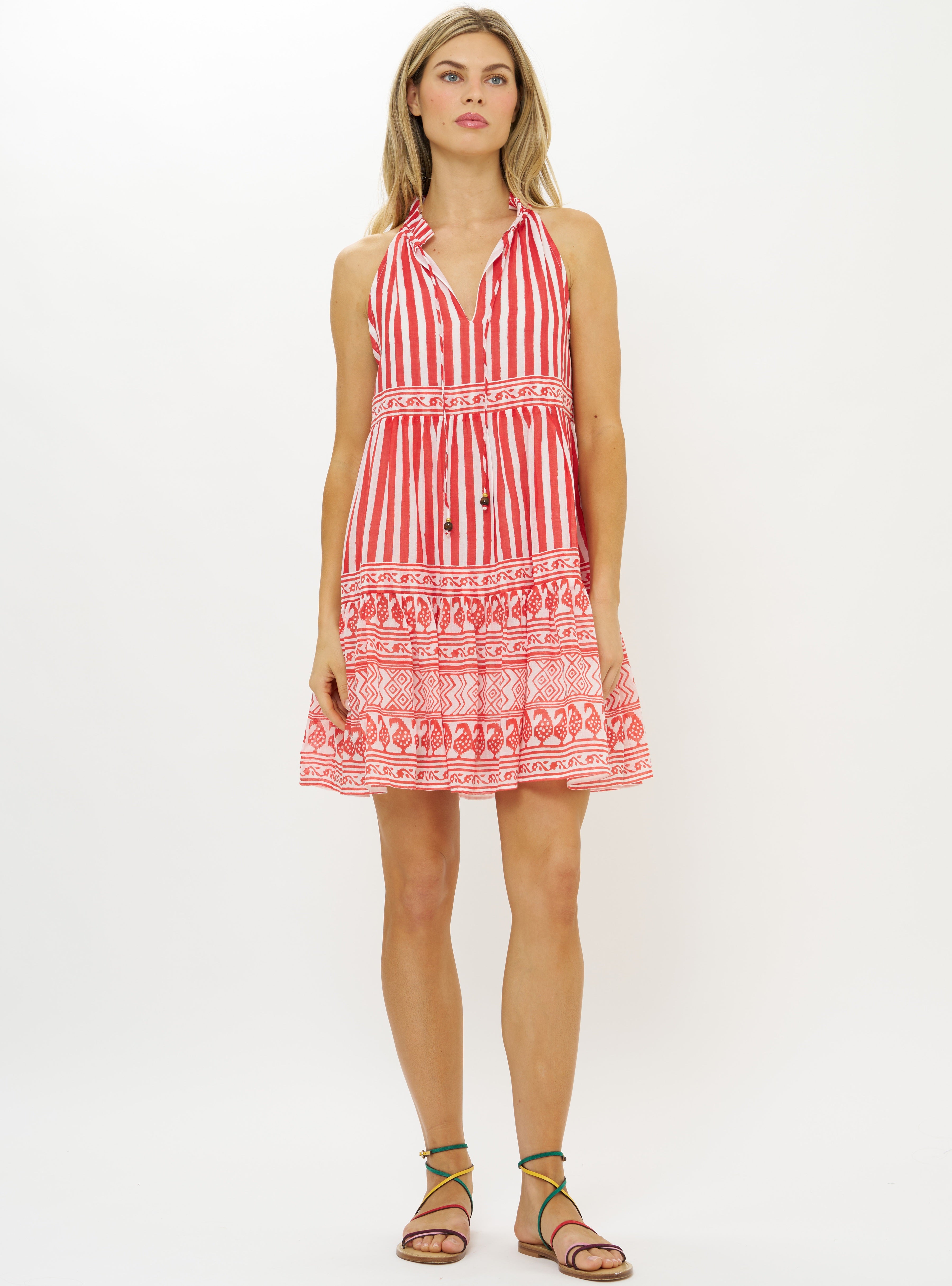 Sleeveless Tiered Short Dress, Santorini Red