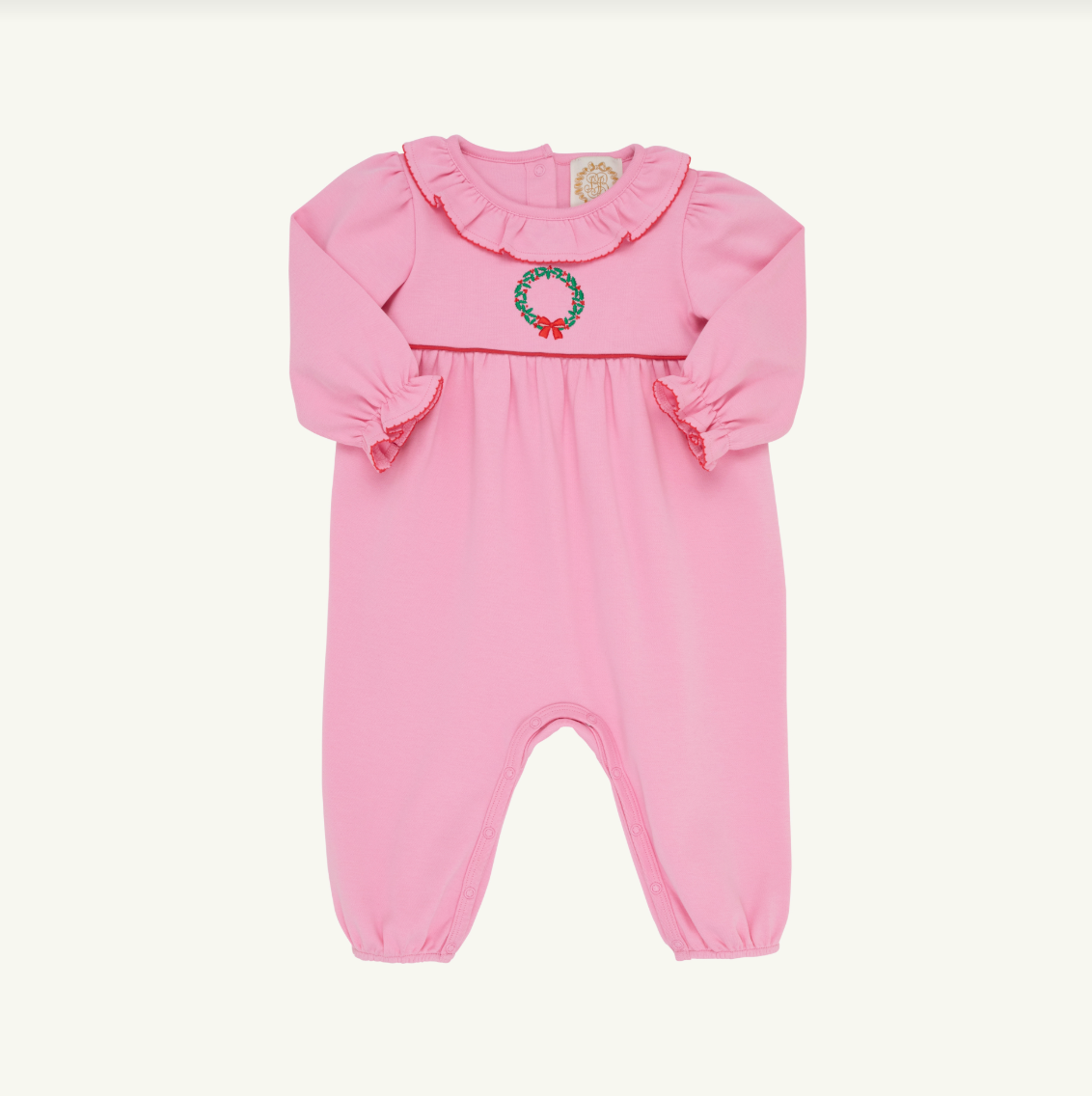 Long Sleeve Ramona Ruffle Romper, Hamptons Hot Pink & Kiawah Kelly Green Wreath