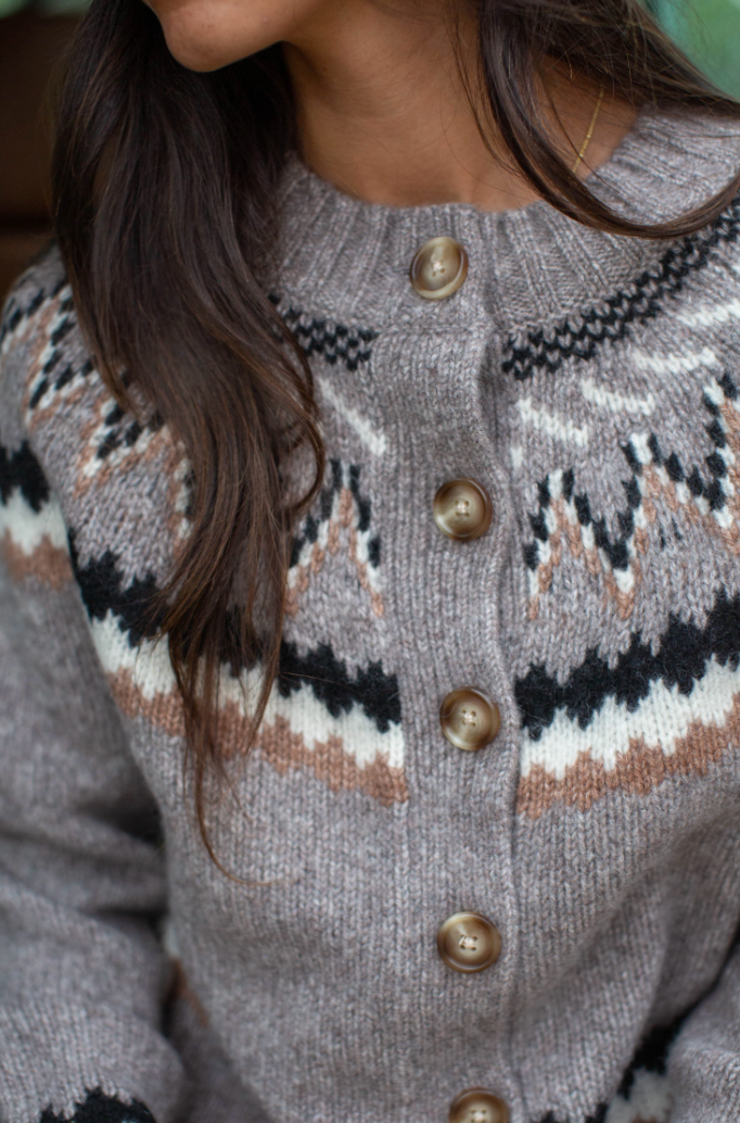New England Fair Isle Cardigan, Mushroom Heather