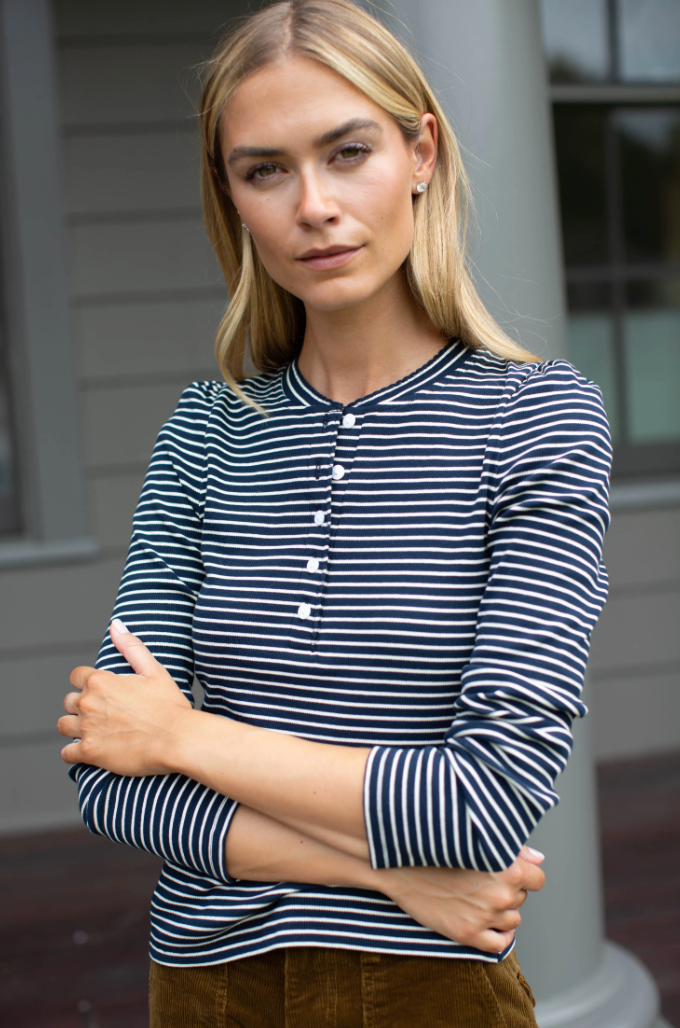 Puff Sleeve Henley, Navy & Ivory Stripe