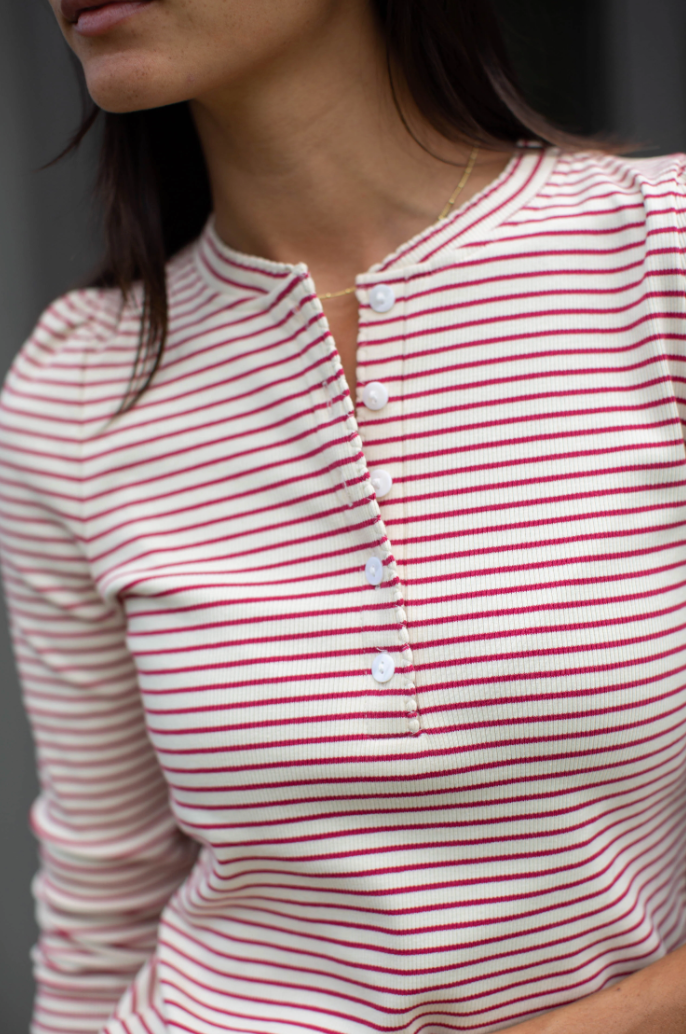Puff Sleeve Henley, Ivory & Burgundy Stripe