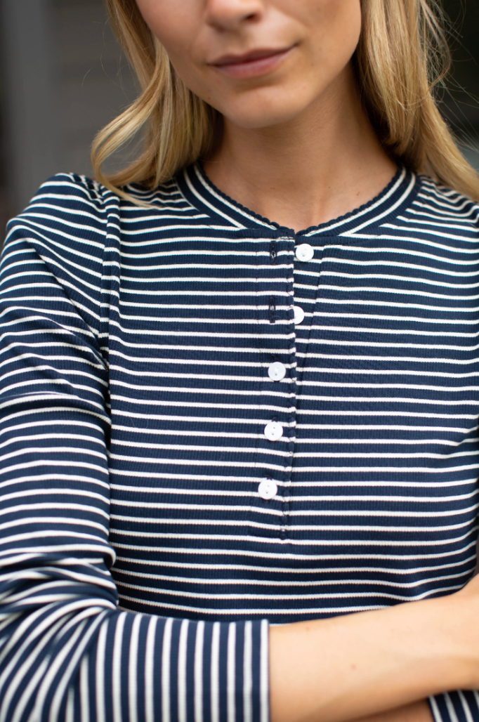 Puff Sleeve Henley, Navy & Ivory Stripe