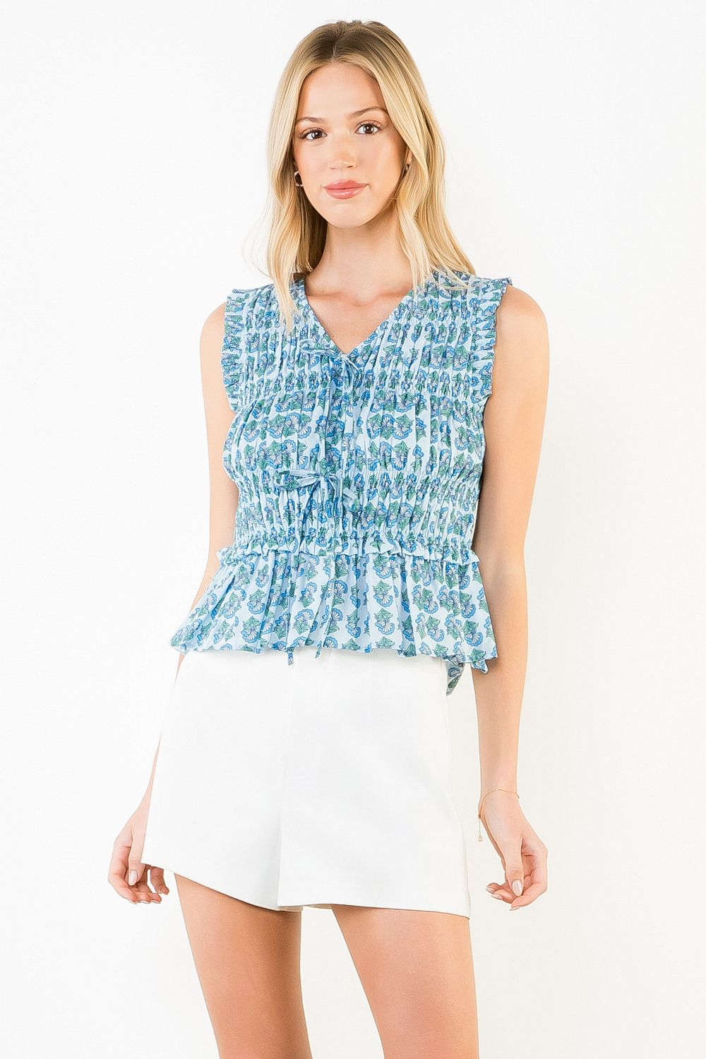 Floral Print Smocked Top, Blue