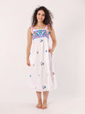 Agate Dress with Blue Bird Embroidery, White