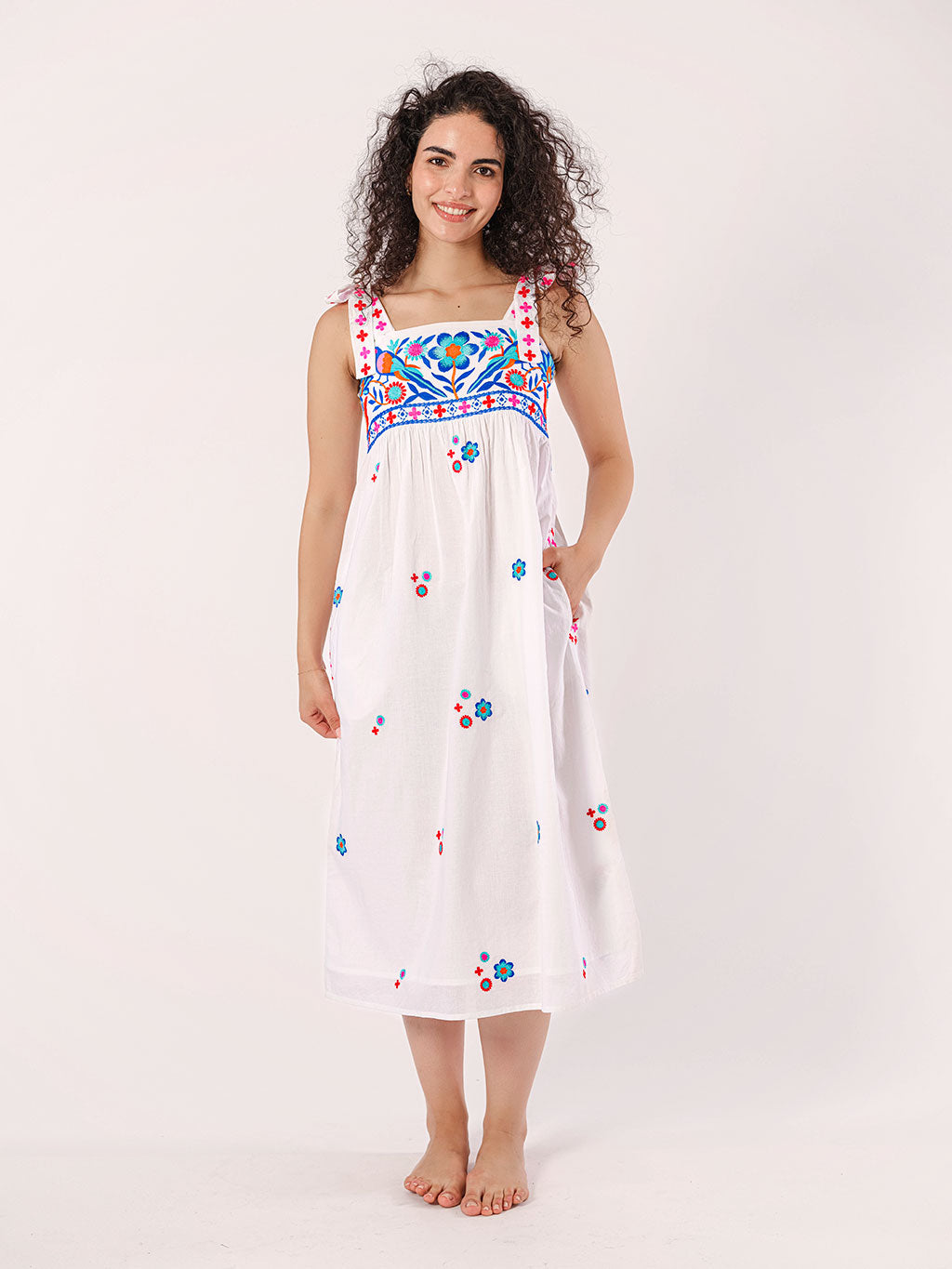 Agate Dress with Blue Bird Embroidery, White – Tommy's Folly Boutique