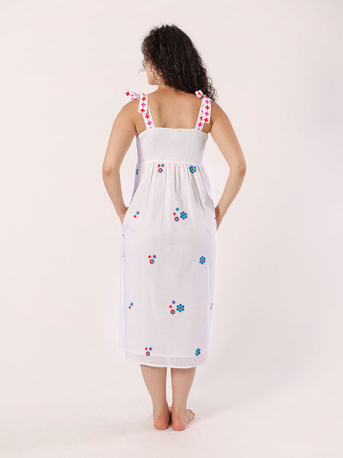 Agate Dress with Blue Bird Embroidery, White