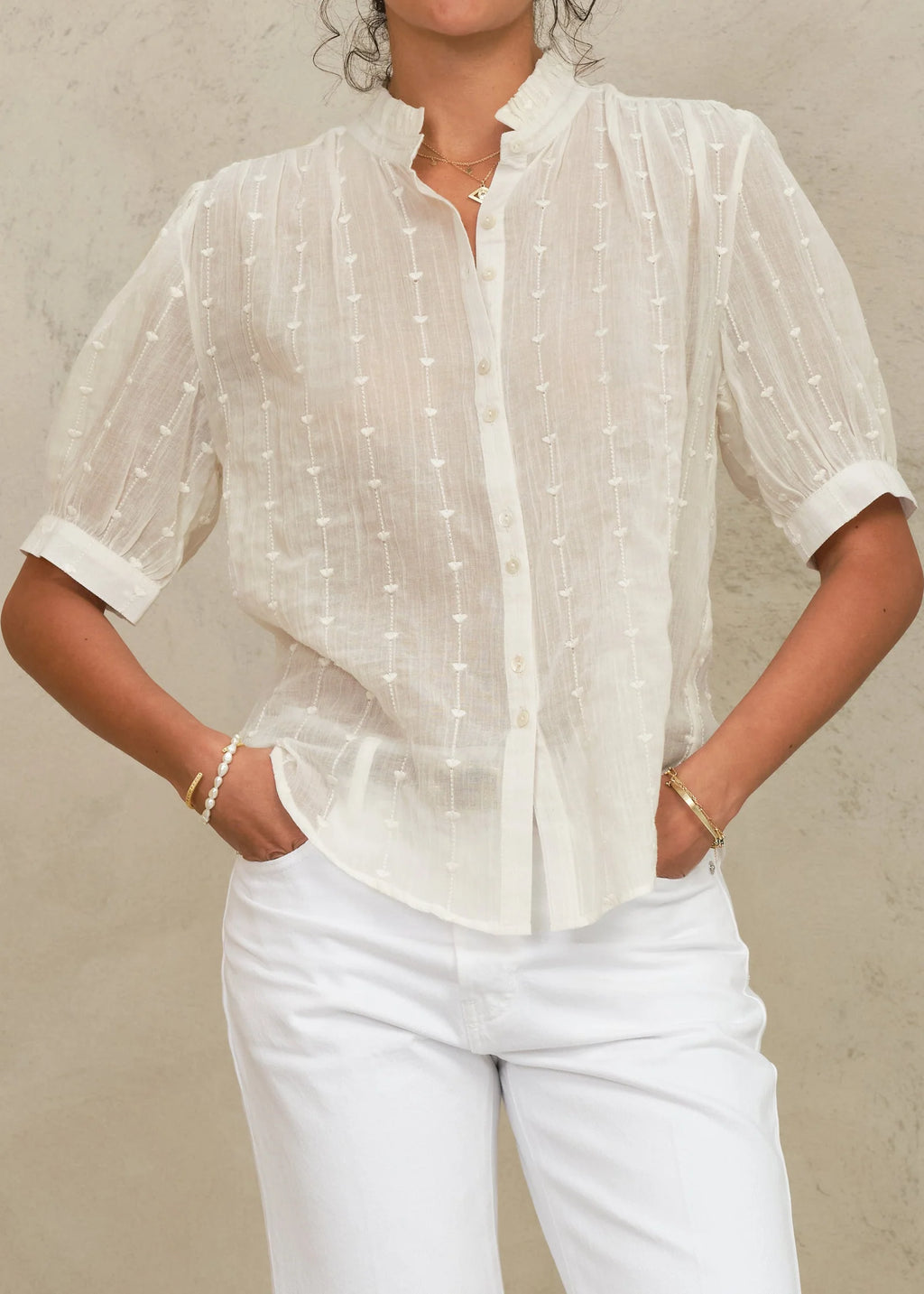 Alli Embroidered Short Sleeve Top, Ecru