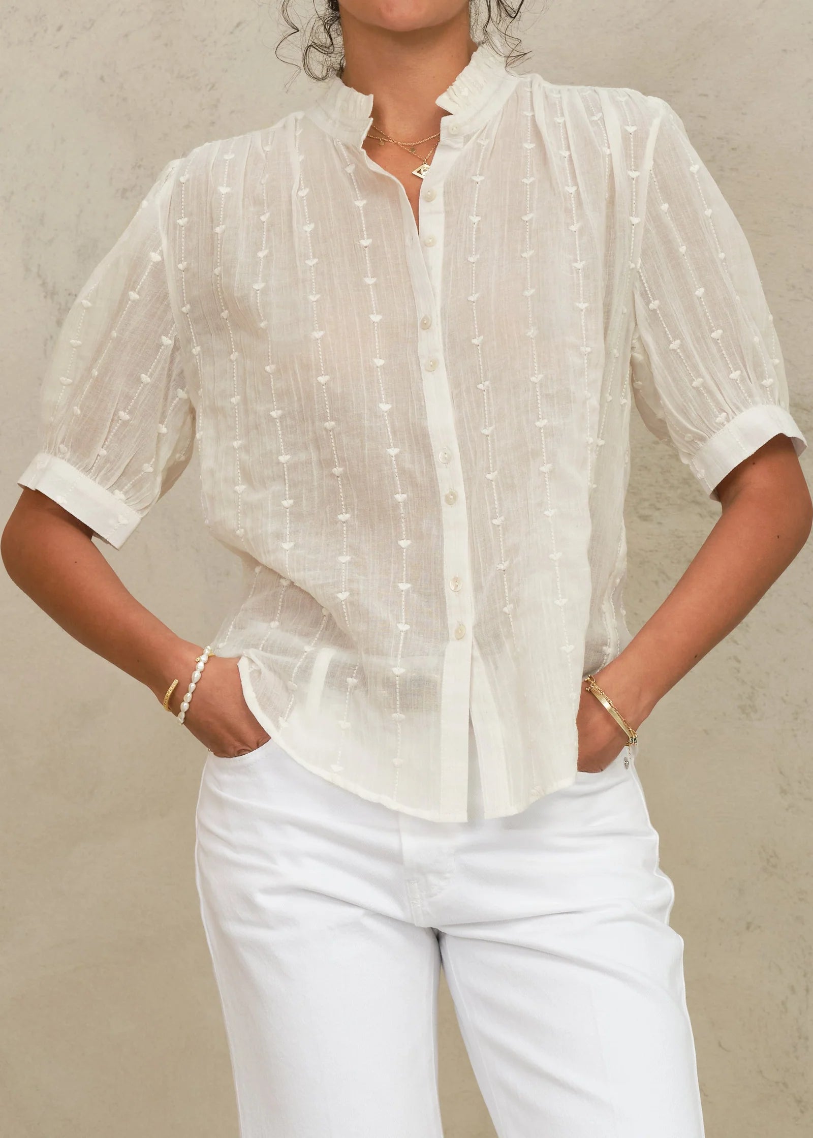 Alli Embroidered Short Sleeve Top, Ecru