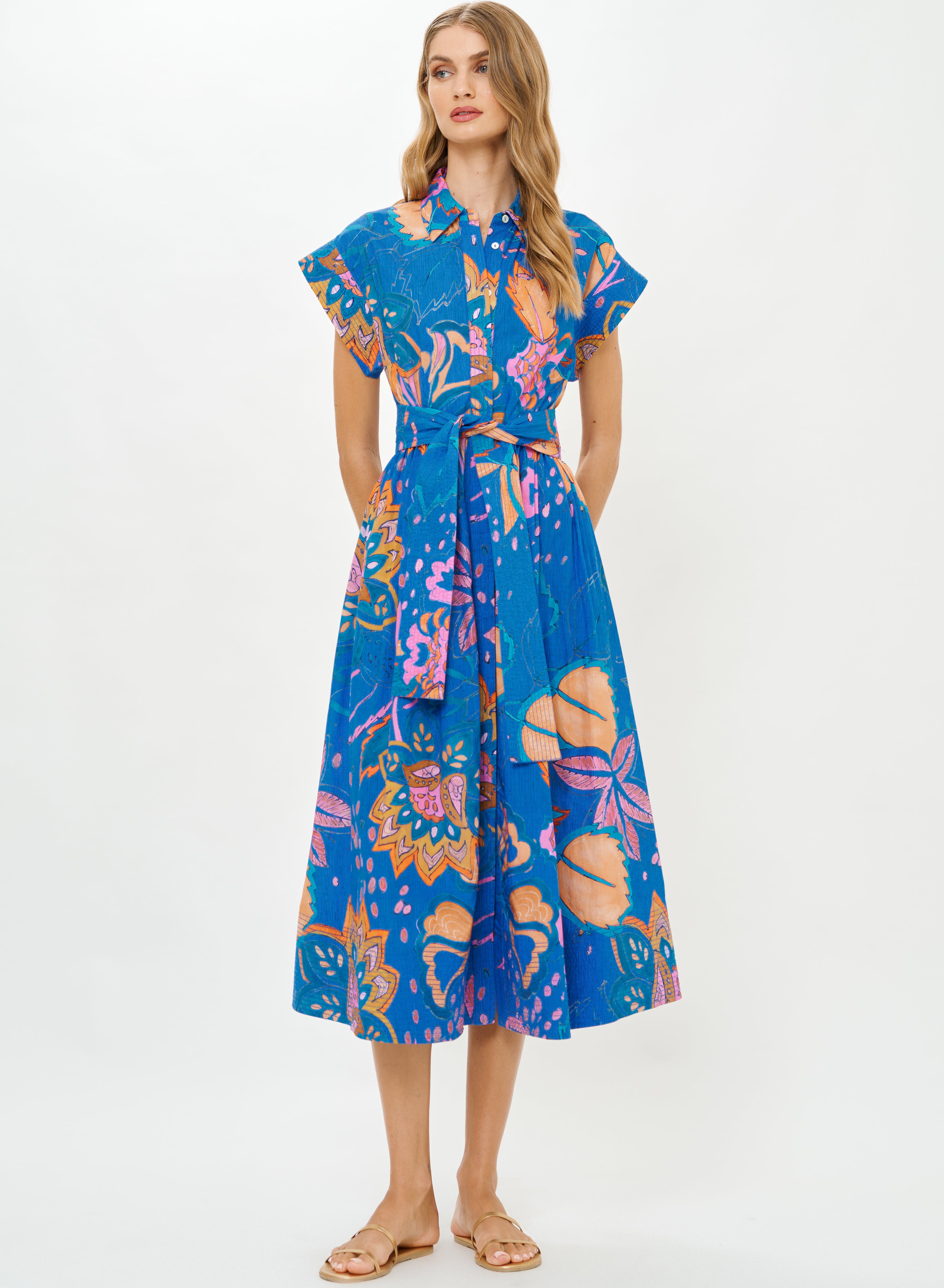 Belted Shirt Dress, Antico Blue