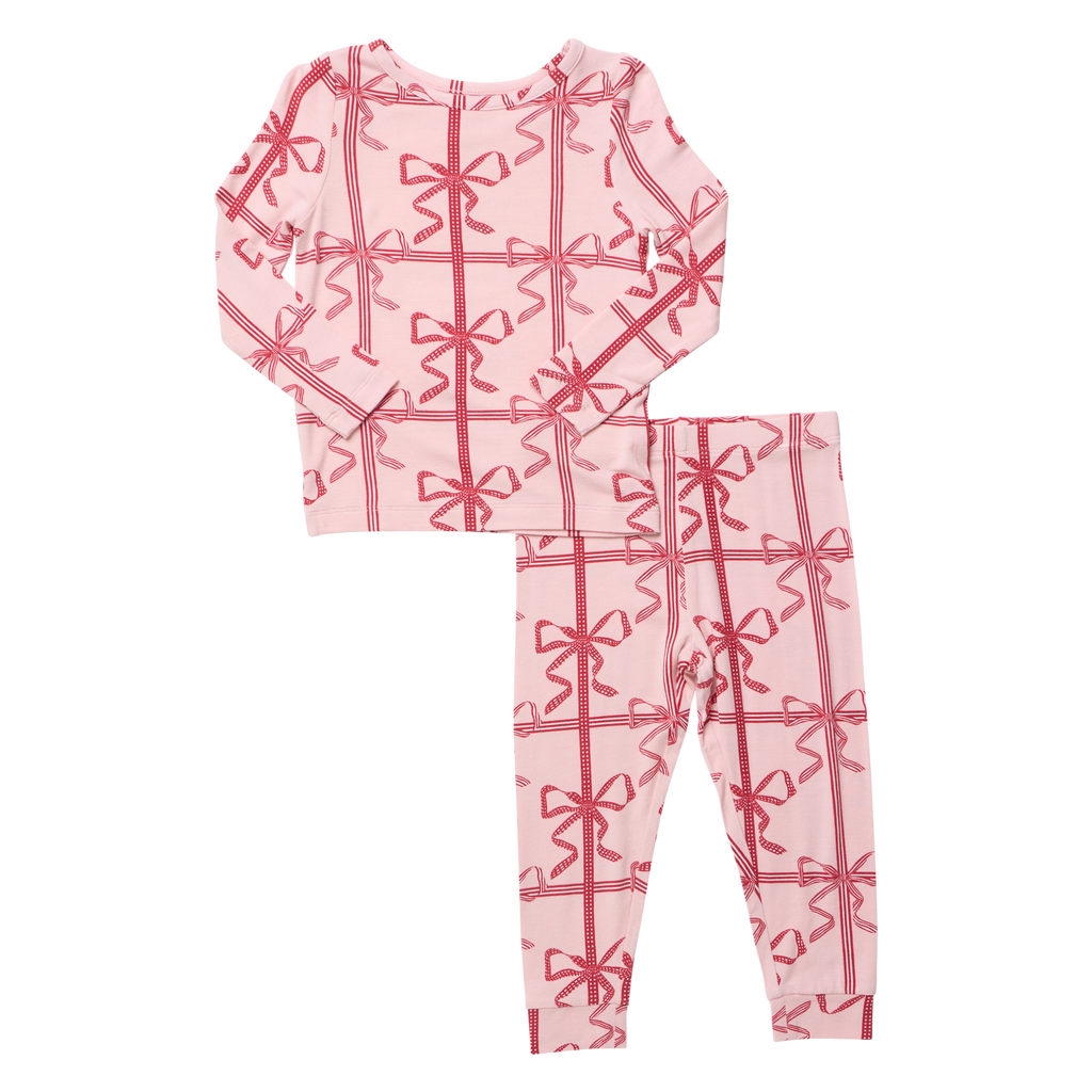 Kids Bamboo PJ Set, Pink Present Bow
