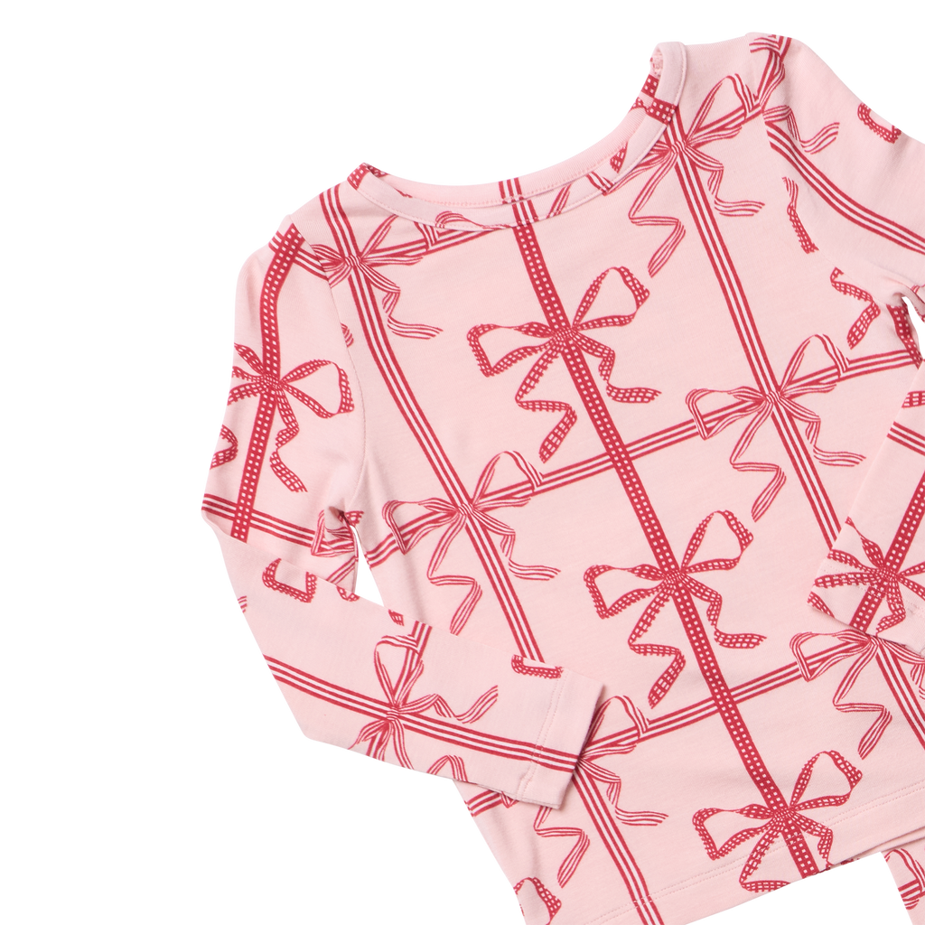 Kids Bamboo PJ Set, Pink Present Bow
