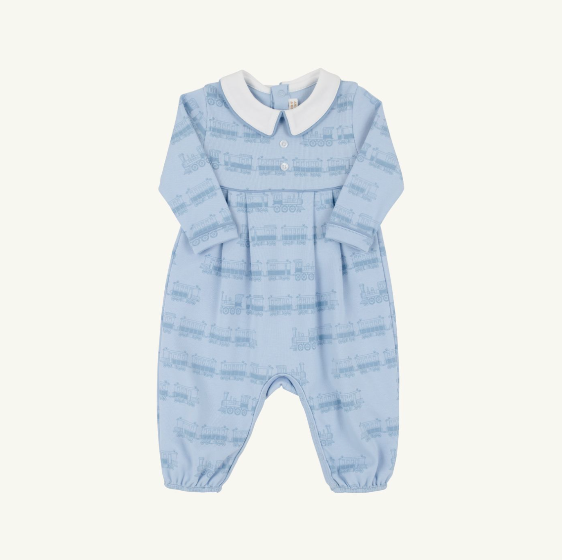 Long Sleeve Bradford Romper, Blue Choo Choos