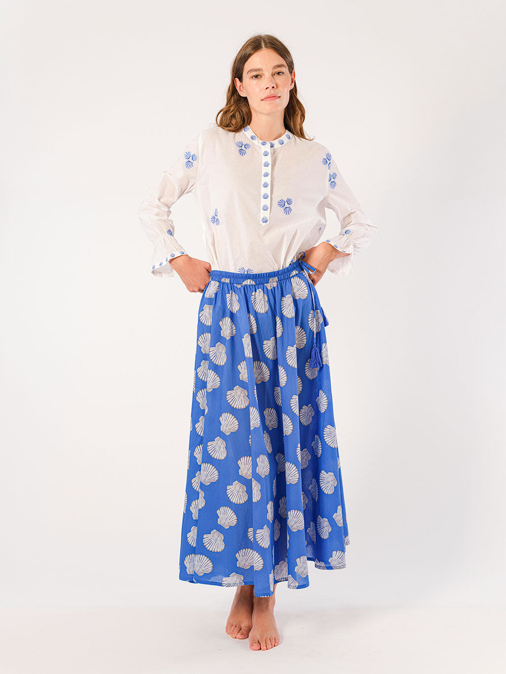Broom Blouse with Blue Shell Embroidery, White