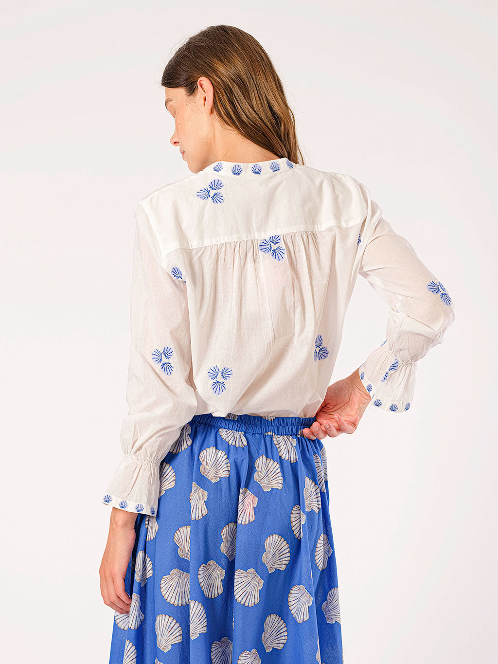 Broom Blouse with Blue Shell Embroidery, White