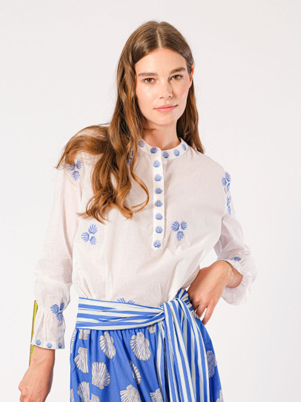 Broom Blouse with Blue Shell Embroidery, White