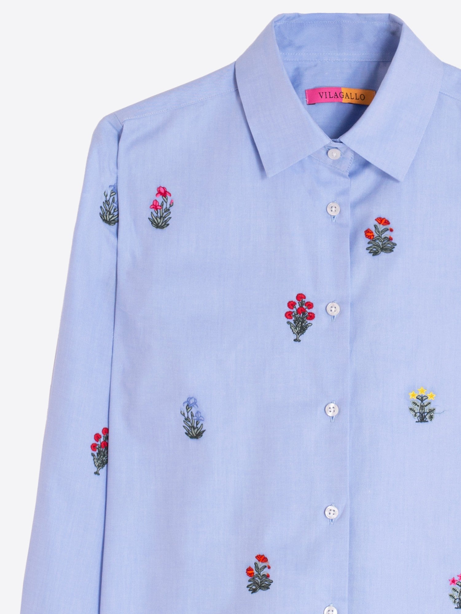 Button Down Shirt with Floral Embroidery, Blue
