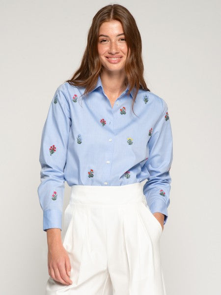 Button Down Shirt with Floral Embroidery, Blue