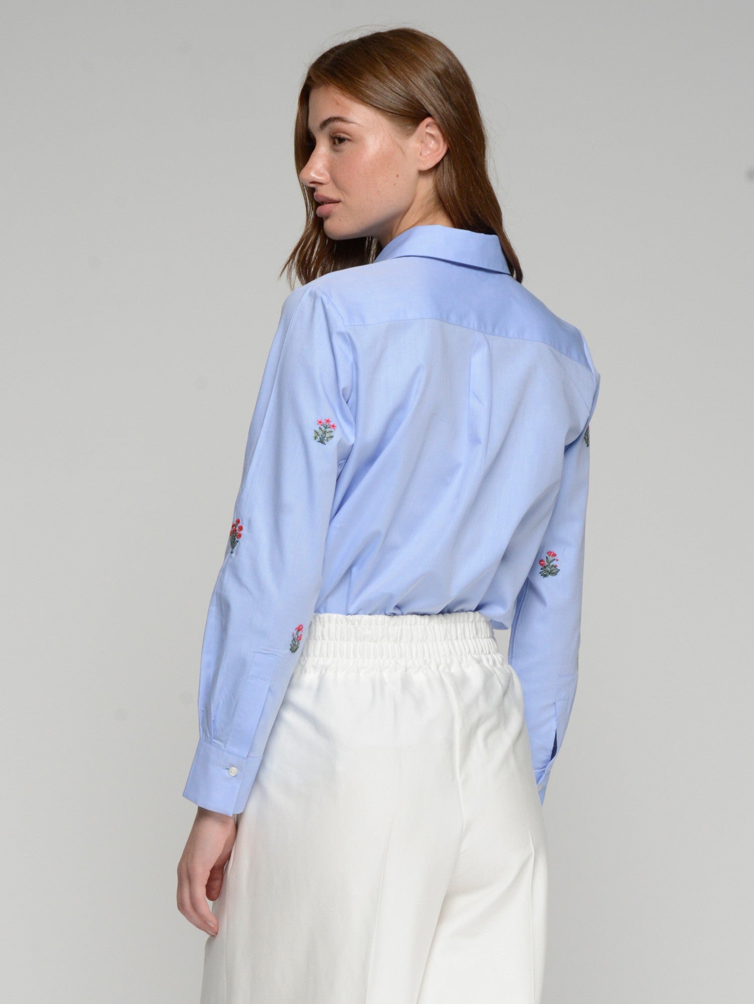Button Down Shirt with Floral Embroidery, Blue