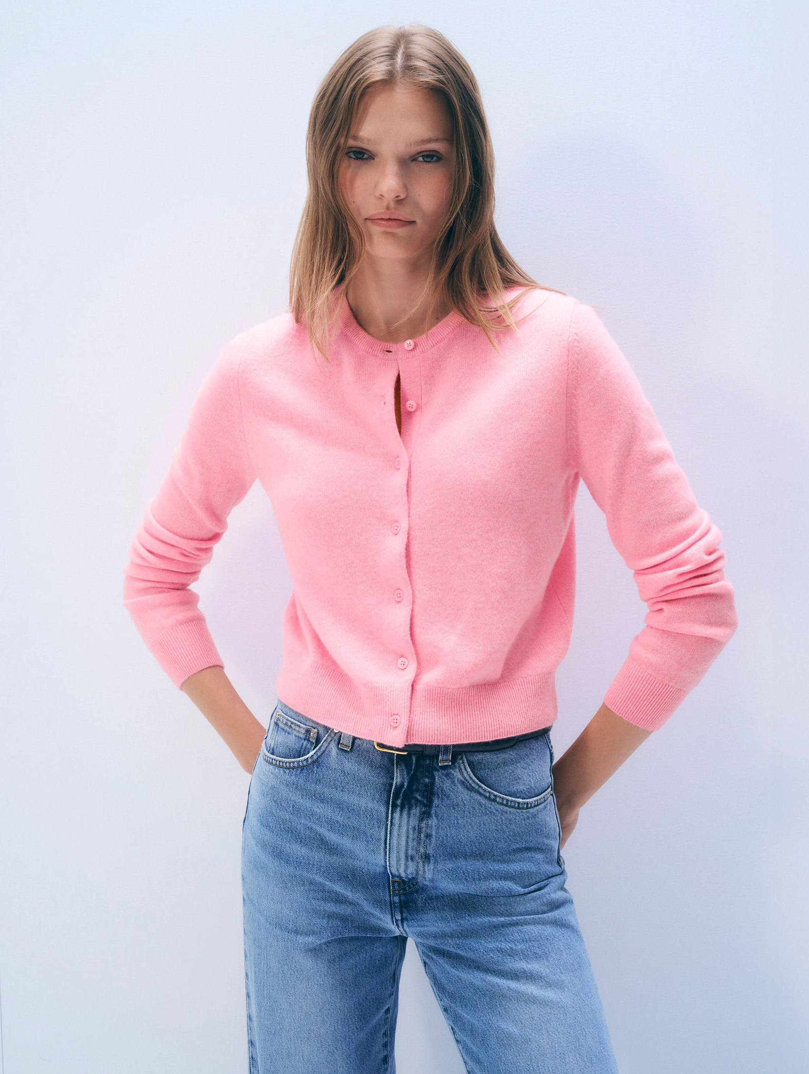 Cashmere Crewneck Cardigan, Pink Buds