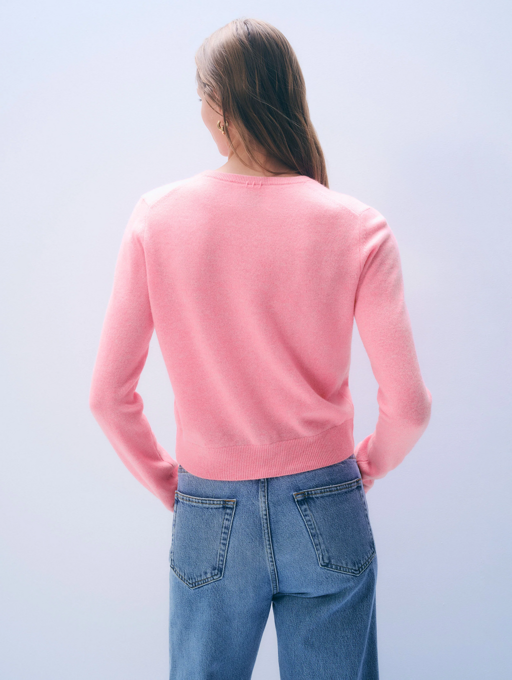 Cashmere Crewneck Cardigan, Pink Buds