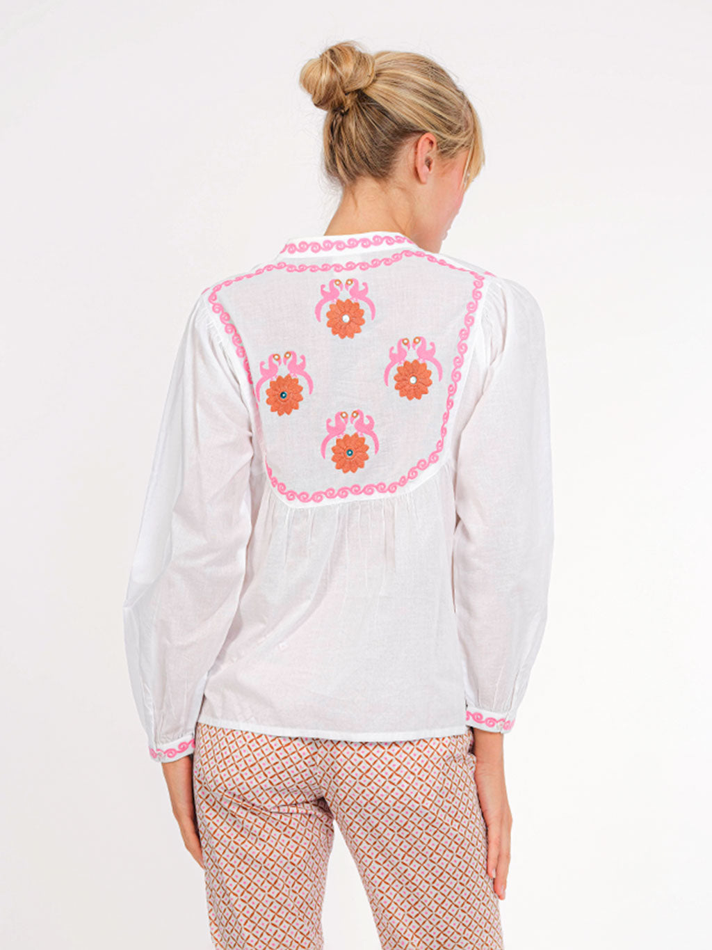 Catnep Blouse with Mustard Gujarat Bird Embroidery, White