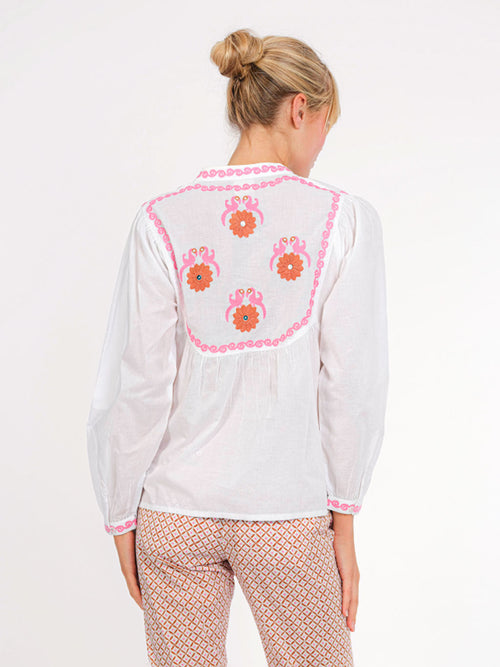 Catnep Blouse with Mustard Gujarat Bird Embroidery, White