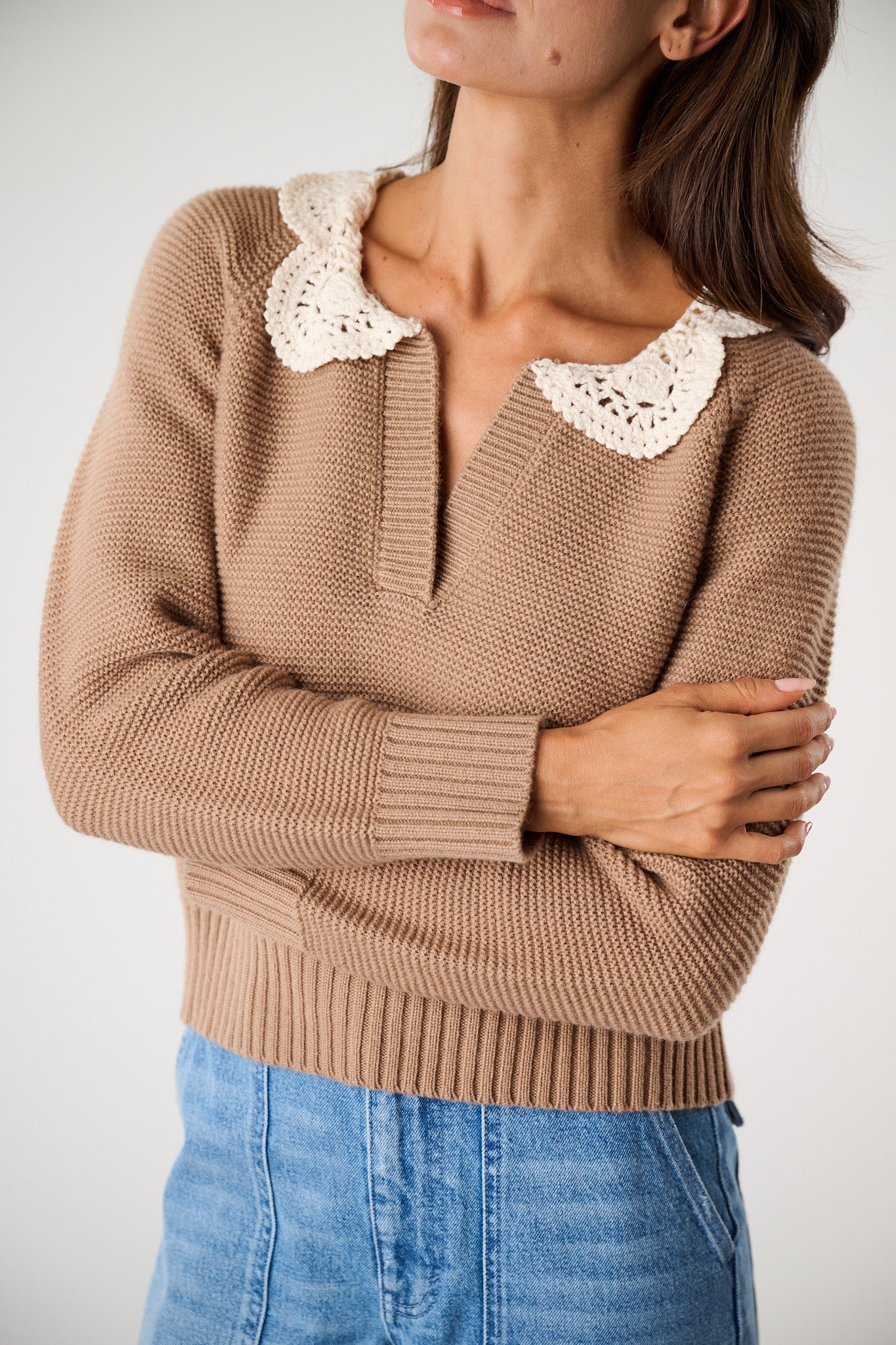 Crochet Collar Sweater, Camel