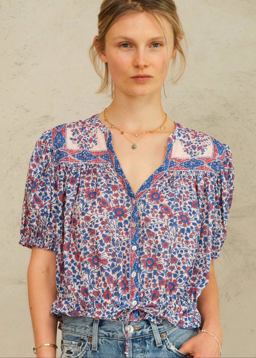 Della Print Short Sleeve Top, Blue & Pink