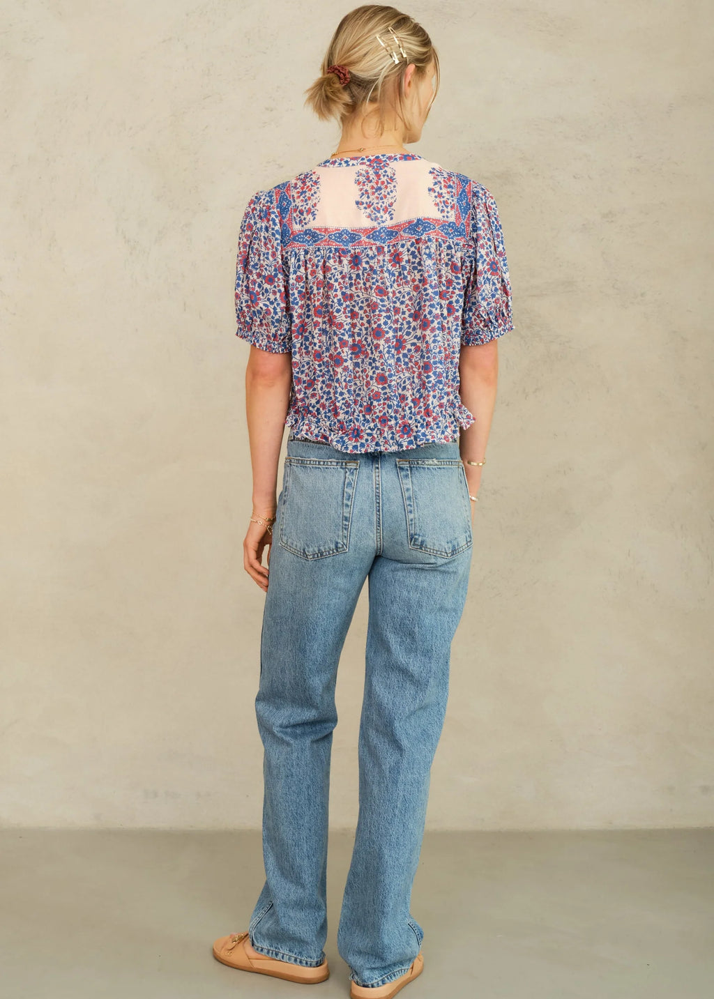 Della Print Short Sleeve Top, Blue & Pink