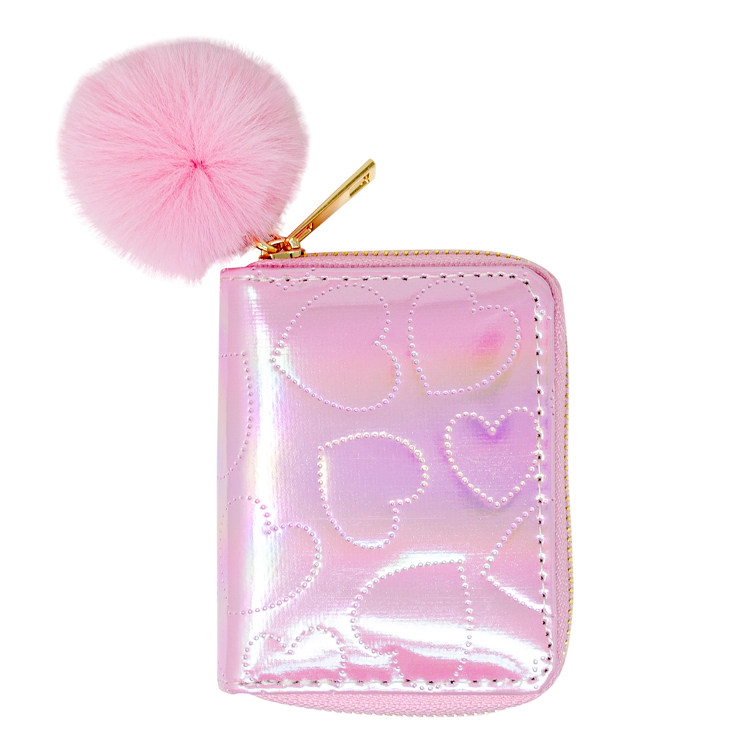 Shiny Dotted Heart Wallet, Pink
