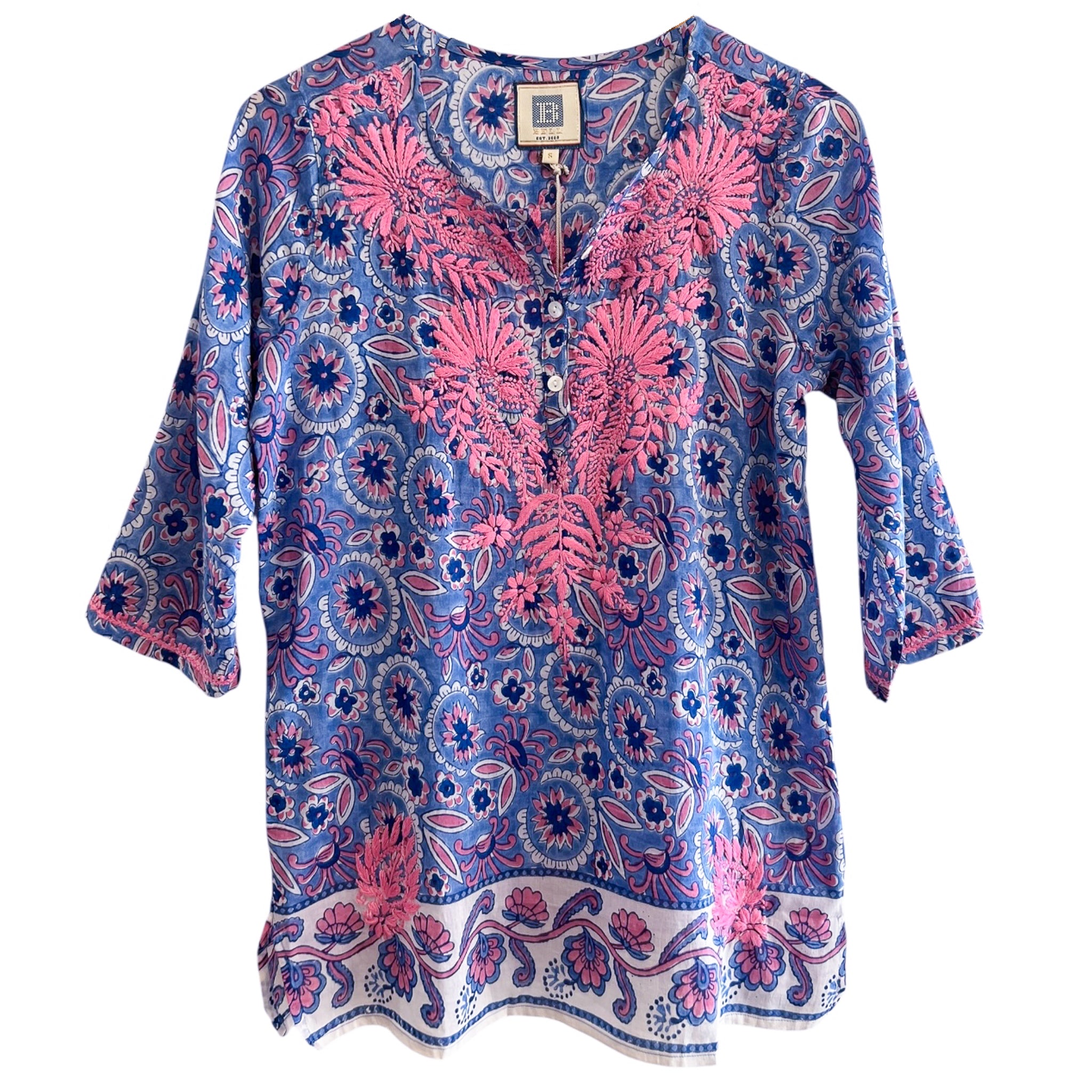 Embroidered Tunic, Blue and Pink