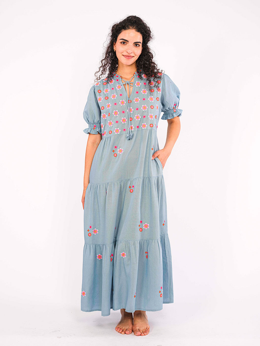 Flaming Katy Dress with Flower Embroidery, Ocean