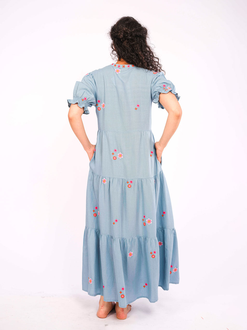 Flaming Katy Dress with Flower Embroidery, Ocean