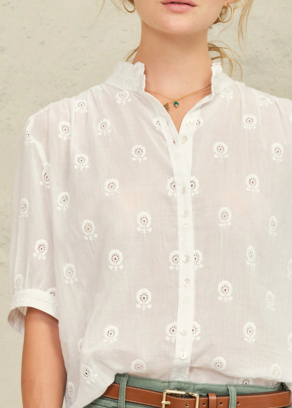 Frani Embroidered Short Sleeve Top, White