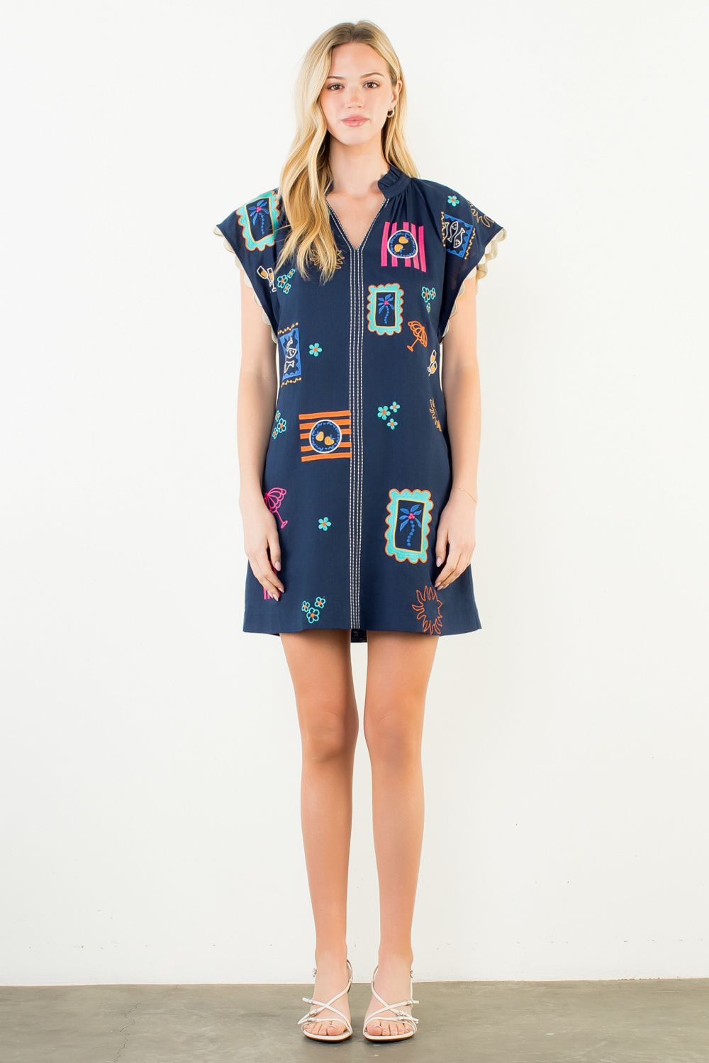 Short Sleeve Embroidery Detail Dress, Navy