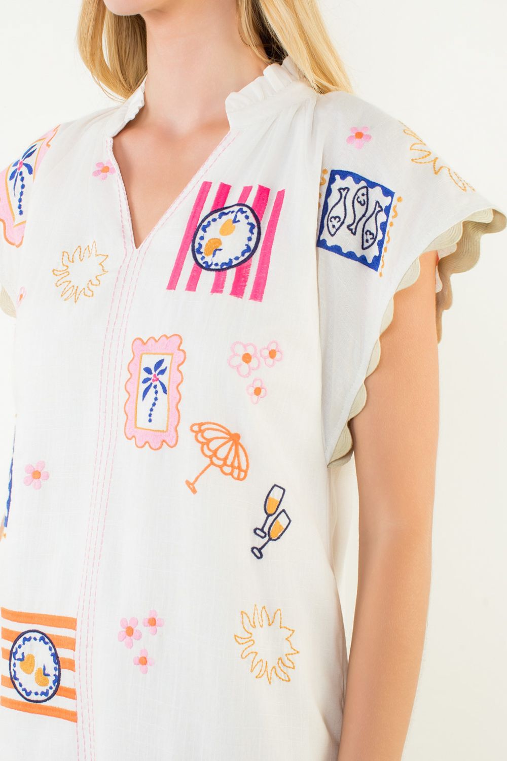 Short Sleeve Embroidery Detail Dress, Neutral