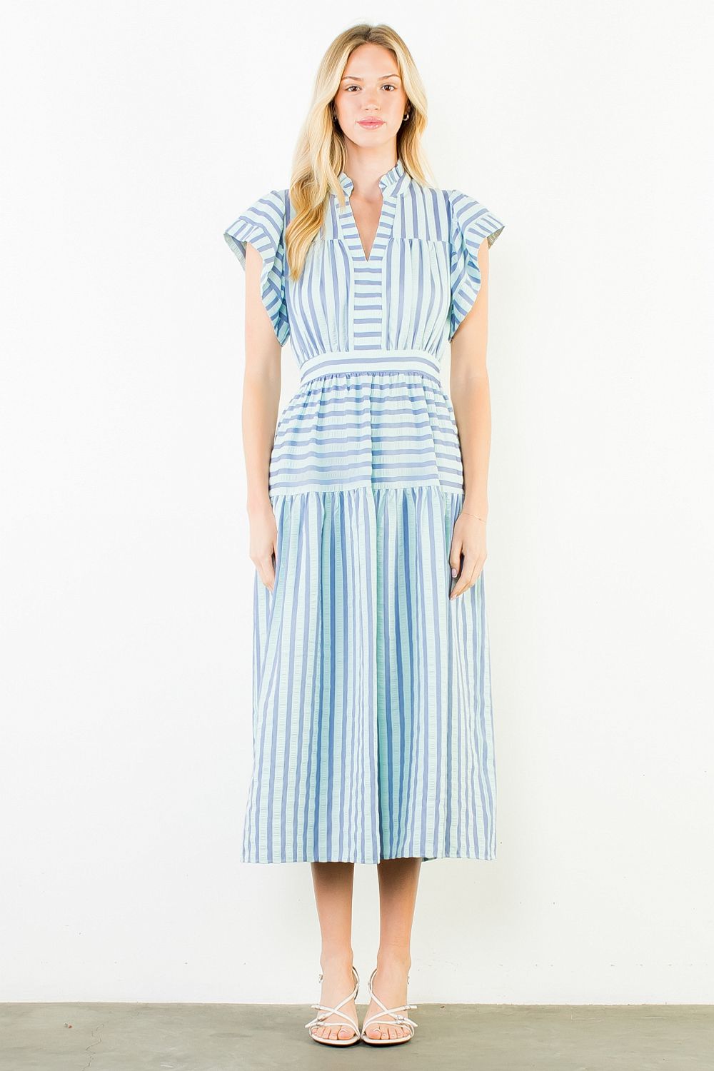 Striped Flutter Sleeve Midi Dress