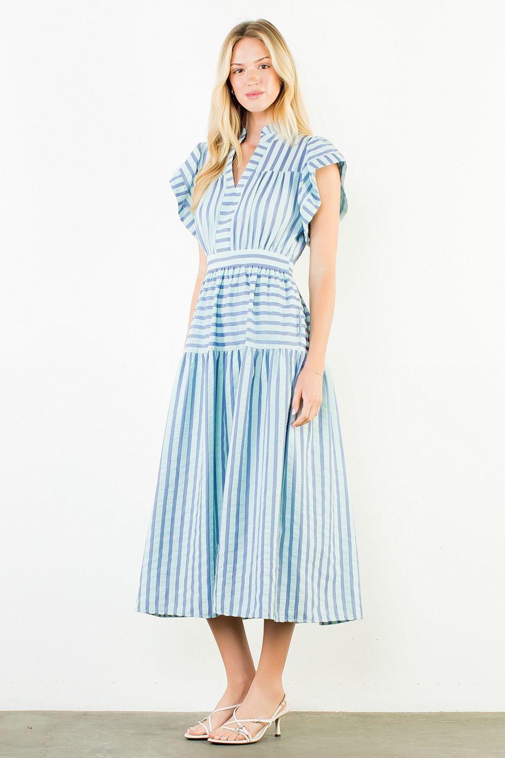 Striped Flutter Sleeve Midi Dress