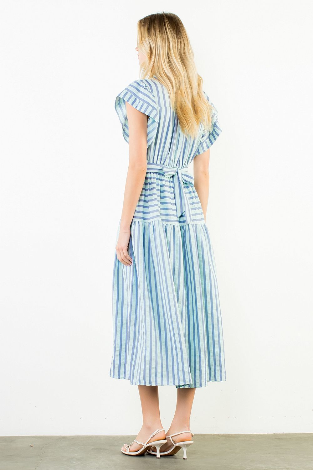 Striped Flutter Sleeve Midi Dress