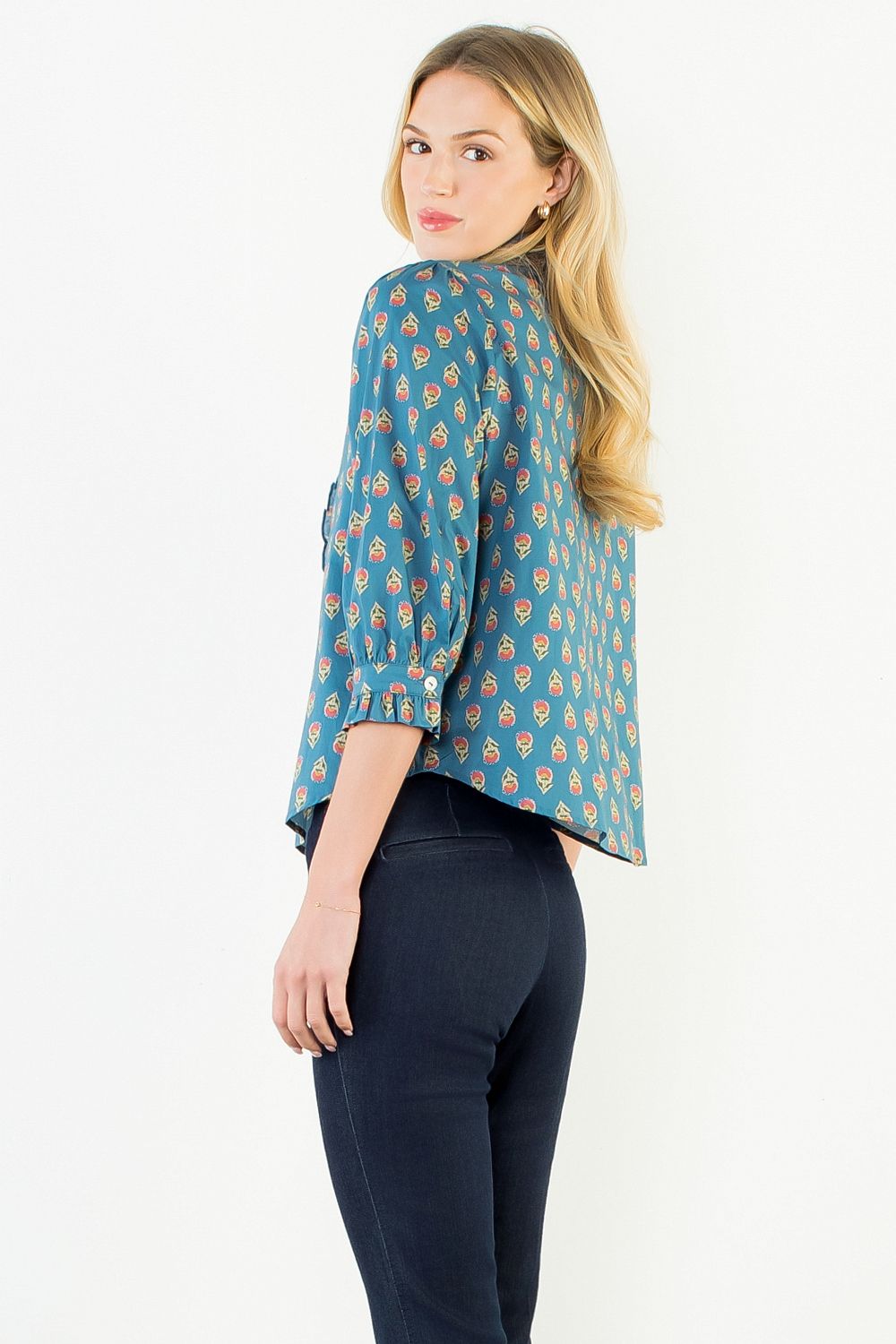 Long Sleeve Printed Ruffle Top, Blue