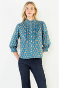Long Sleeve Printed Ruffle Top, Blue