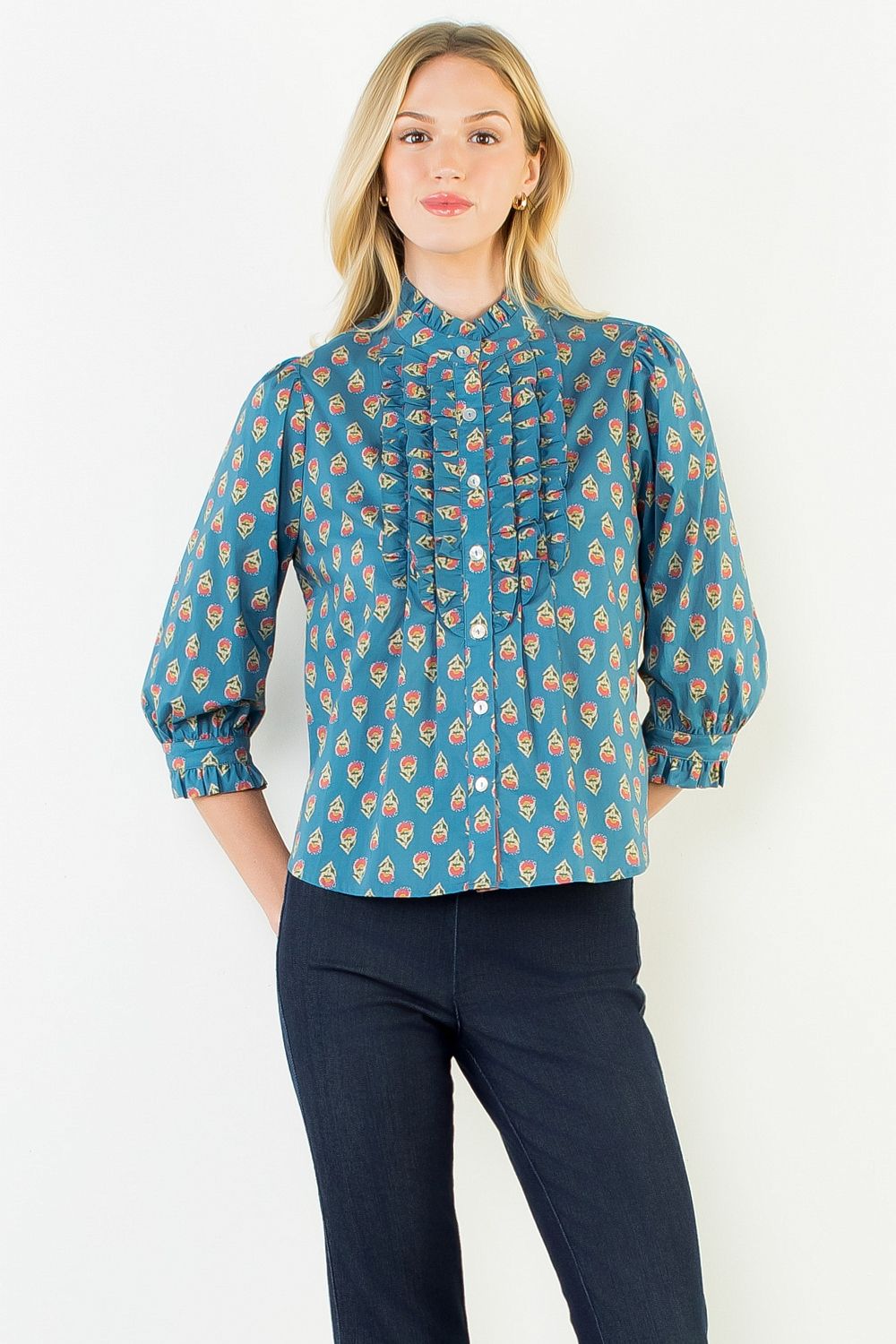 Long Sleeve Printed Ruffle Top, Blue