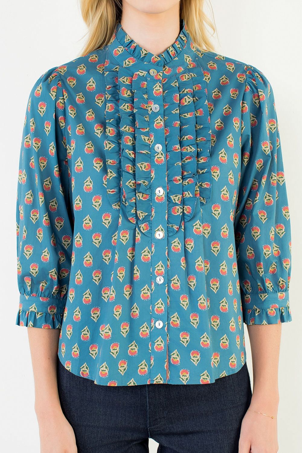 Long Sleeve Printed Ruffle Top, Blue