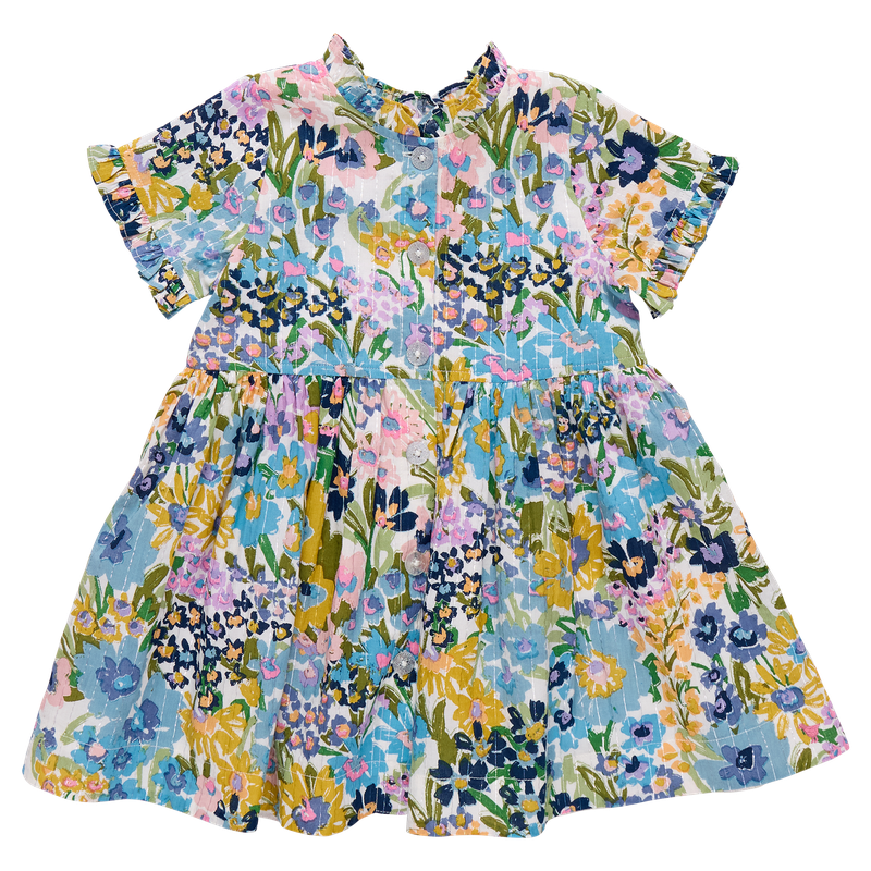 Girls Autumn Dress, Blue Large Sketched Floral