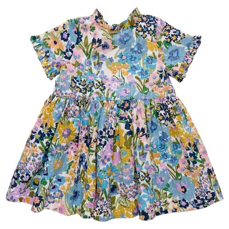 Girls Autumn Dress, Blue Large Sketched Floral