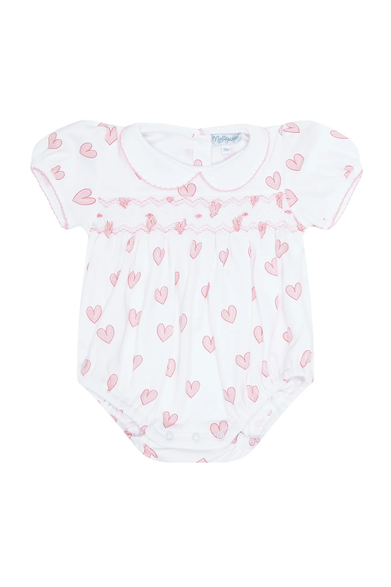 Heart Print Smocked Bubble, Pink