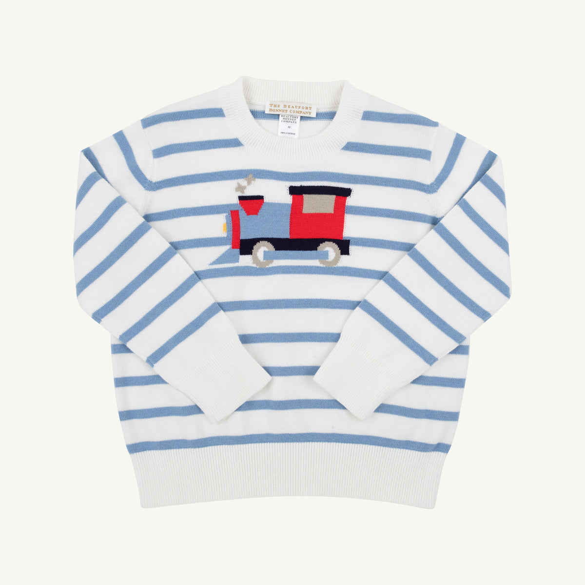 Isaac's Intarsia Sweater, Barrington Blue Stripe with Train