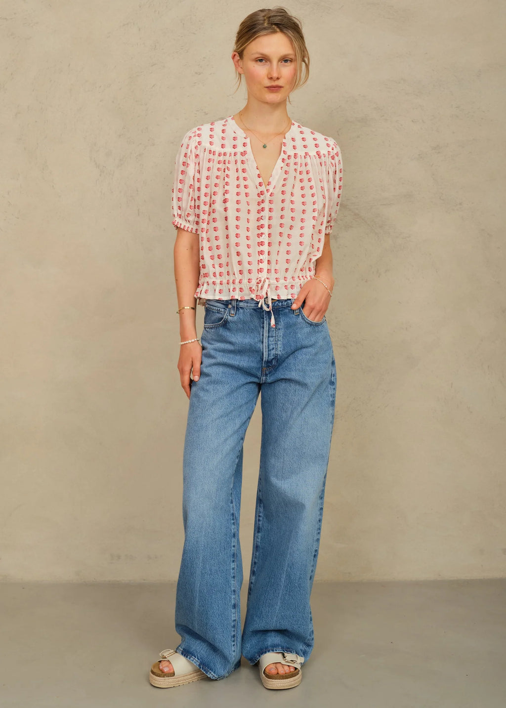 Karla Gathered Top, Ecru & Red