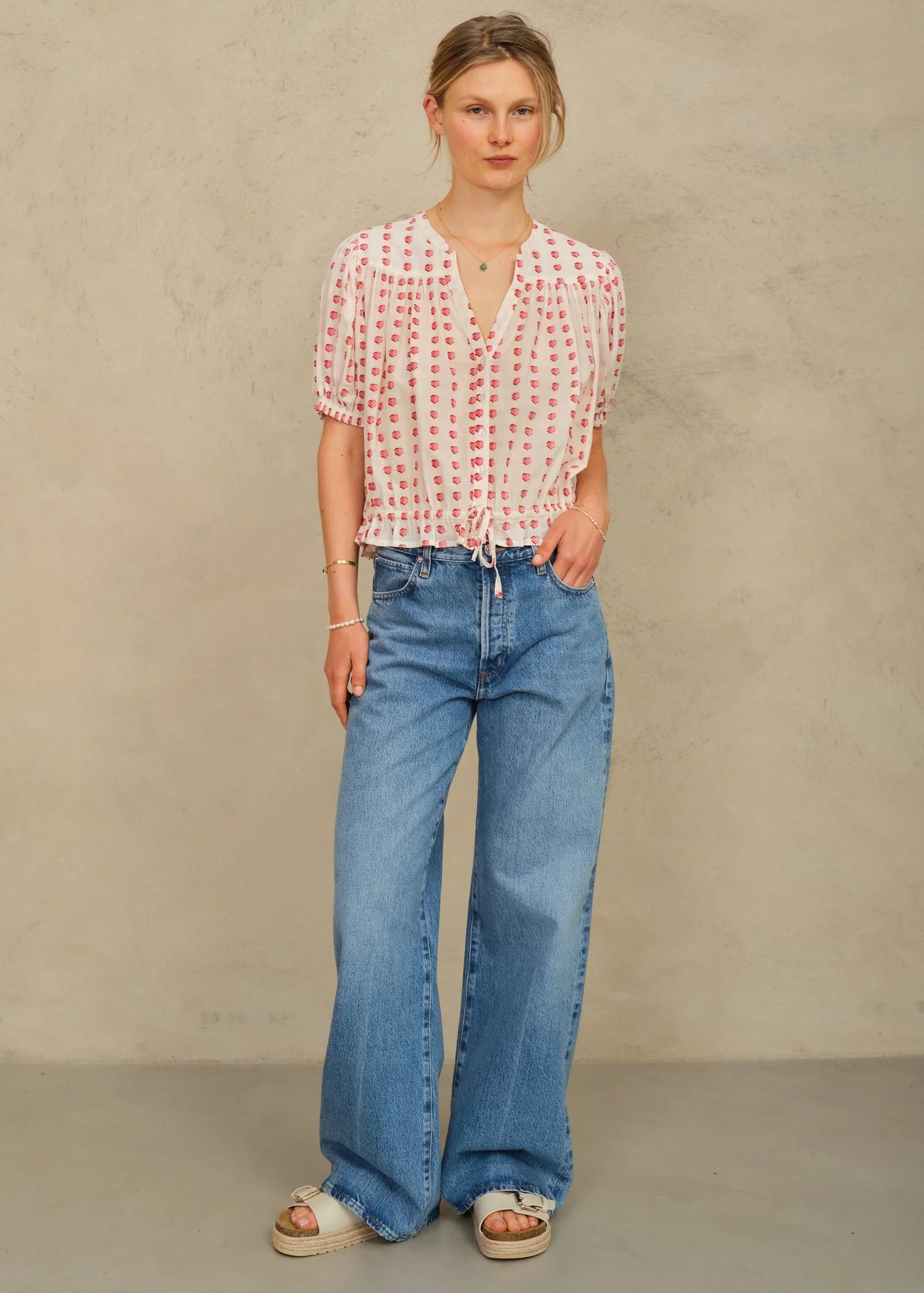 Karla Gathered Top, Ecru & Red