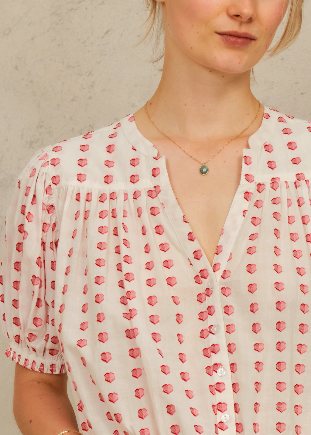 Karla Gathered Top, Ecru & Red